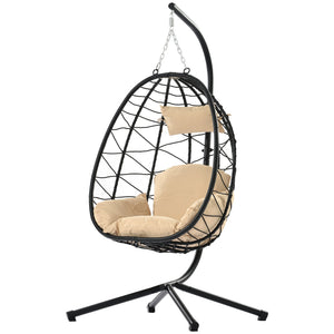 English Elm Egg Modern Rattan Swing Chair with Stand – Black PE Wicker & Beige Cushion, All-Weather Patio Egg Seat W87433841