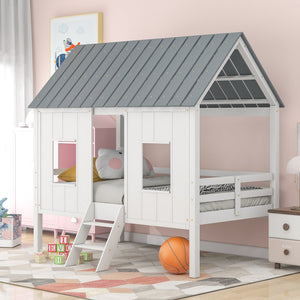 English Elm Twin Low Loft House Bed with Roof & Two Front Windows, White — Pine Frame, Guardrail, Play Haven SM000703AAK