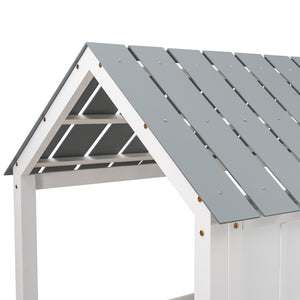 English Elm Twin Low Loft House Bed with Roof & Two Front Windows, White — Pine Frame, Guardrail, Play Haven SM000703AAK