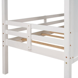 English Elm Twin Low Loft House Bed with Roof & Two Front Windows, White — Pine Frame, Guardrail, Play Haven SM000703AAK