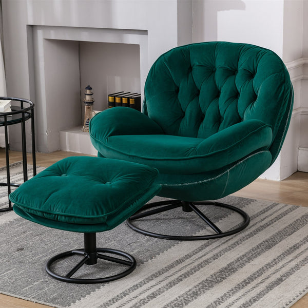 English Elm Accent Velvet Swivel Chair with Ottoman — Mid-Century Metal Frame, 250 lb Capacity, Compact Living Room Seating Green W67632622