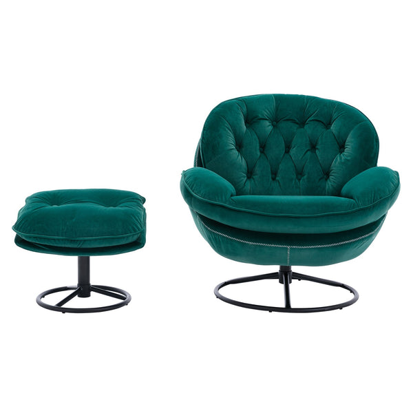 English Elm Accent Chair With Ottoman - Modern Velvet Swivel Seat In Green For Stylish Living Room Comfort W676P232274