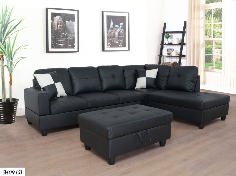 English Elm 3 Piece Modern Sectional Set with Faux Leather Upholstery and Multifunctional Ottoman M091B