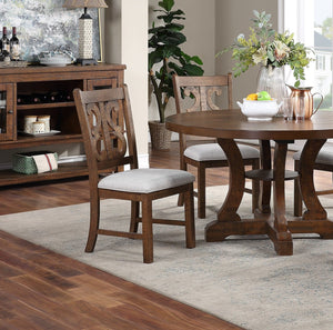 English Elm Oak Distressed 5pc Round Dining Set with Carved Cushioned Chairs and Server-Style Rustic Charm Oak 57 L x 57 W x 6 H B011S01666