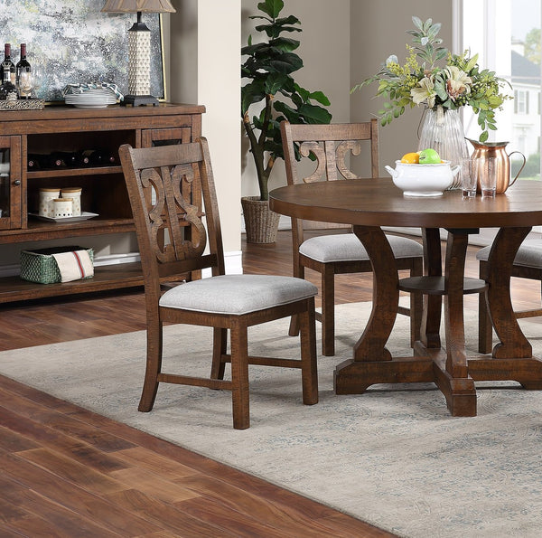 English Elm Oak Distressed 5pc Round Dining Set with Carved Cushioned Chairs and Server-Style Rustic Charm Oak 57 L x 57 W x 6 H B011S01666