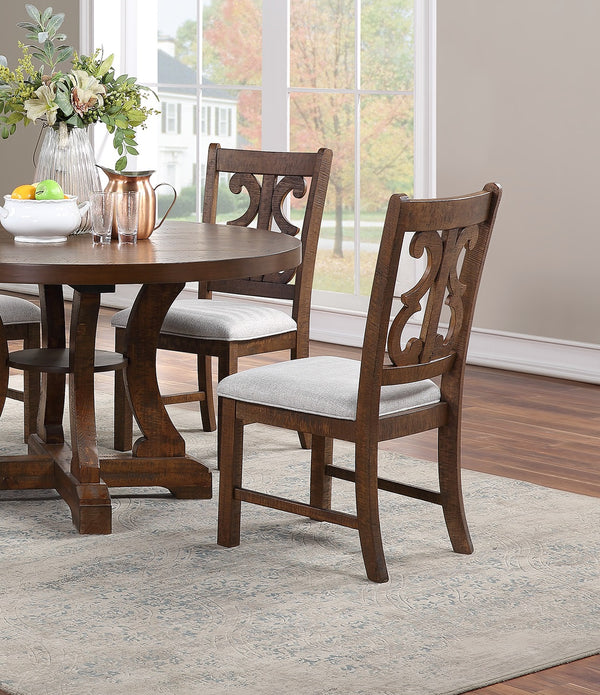 English Elm Oak Distressed 5pc Round Dining Set with Carved Cushioned Chairs and Server-Style Rustic Charm Oak 57 L x 57 W x 6 H B011S01666