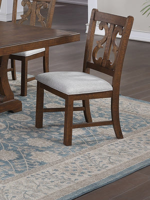 English Elm Oak Distressed 5pc Round Dining Set with Carved Cushioned Chairs and Server-Style Rustic Charm Oak 57 L x 57 W x 6 H B011S01666