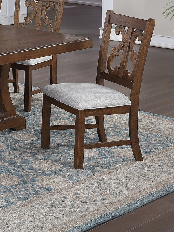 English Elm Oak Distressed 5pc Round Dining Set with Carved Cushioned Chairs and Server-Style Rustic Charm Oak 57 L x 57 W x 6 H B011S01666