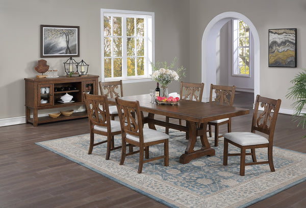 English Elm Oak Distressed 5pc Round Dining Set with Carved Cushioned Chairs and Server-Style Rustic Charm Oak 29 L x 29 W x 9 H B011S01668