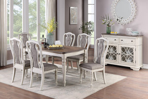 English Elm Transitional 7 Piece Dining Set Oak Veneer Table Antique White Carved Chairs B011S01229