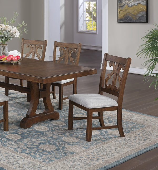 English Elm Oak Distressed 5pc Round Dining Set with Carved Cushioned Chairs and Server-Style Rustic Charm Oak 57 L x 57 W x 6 H B011S01666