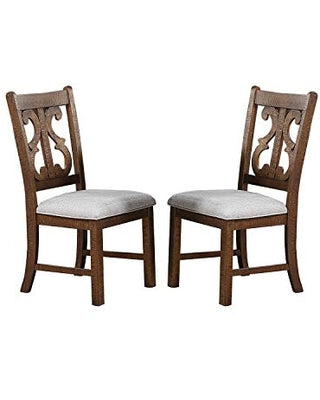 English Elm Oak Distressed 5pc Round Dining Set with Carved Cushioned Chairs and Server-Style Rustic Charm Oak 57 L x 57 W x 6 H B011S01666