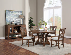 English Elm Oak Distressed 5pc Round Dining Set with Carved Cushioned Chairs and Server-Style Rustic Charm Oak 57 L x 57 W x 6 H B011S01666