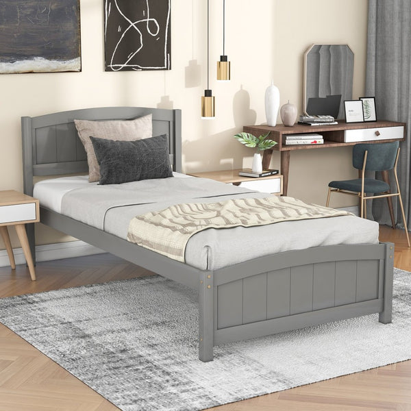 English Elm Wood Twin Platform Bed Solid Pine Frame Walnut Finish with Headboard and Slat Support WF190781AAE