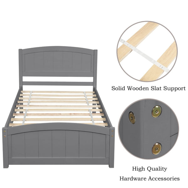 English Elm Wood Twin Platform Bed Solid Pine Frame Walnut Finish with Headboard and Slat Support WF190781AAE