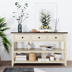 English Elm Trexm Retro Design Console Table With Two Open Shelves, Pine Solid Wood Frame and Legs For Living Room (Espresso+Beige)