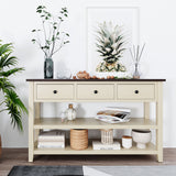 Leo Retro Pine Console Table, 3 Drawers, 2 Shelves, MDF Top | Mid-Century Style, Solid Wood Frame | 50 x 16 x 30.20