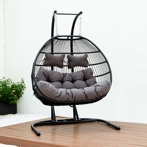 English Elm FOLDING Double Swing Chair w/ Cushions - Handwoven Wicker, Iron Stand, UV & Rust Resistant, 485lb Capacity MMTF-9766DU-A