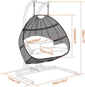English Elm Charcoal Double-Seat Wicker Swing with Iron Stand, All-Weather PE Rattan, Dust Blue Cushions & Cover MWTF-9716KD3
