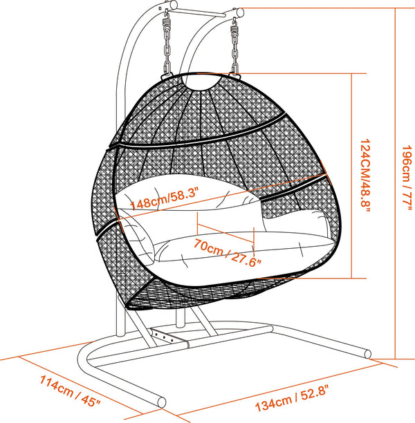 English Elm Charcoal Double-Seat Wicker Swing with Iron Stand, All-Weather PE Rattan, Dust Blue Cushions & Cover MWTF-9716KD3