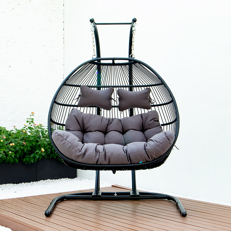 English Elm FOLDING Double Swing Chair w/ Cushions - Handwoven Wicker, Iron Stand, UV & Rust Resistant, 485lb Capacity MMTF-9766DU-A