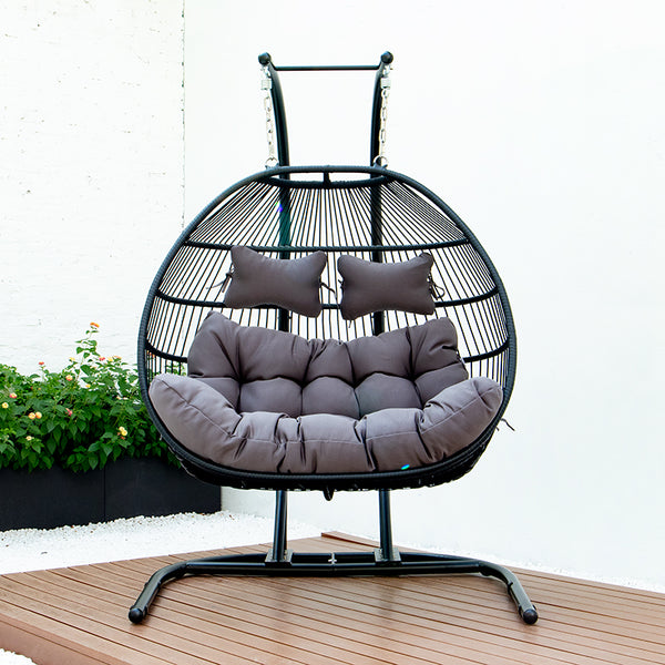 English Elm FOLDING Double Swing Chair w/ Cushions - Handwoven Wicker, Iron Stand, UV & Rust Resistant, 485lb Capacity MMTF-9766DU-A