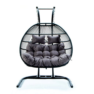 English Elm FOLDING Double Swing Chair w/ Cushions - Handwoven Wicker, Iron Stand, UV & Rust Resistant, 485lb Capacity MMTF-9766DU-A