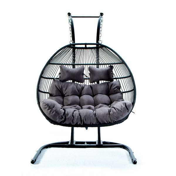 English Elm FOLDING Double Swing Chair w/ Cushions - Handwoven Wicker, Iron Stand, UV & Rust Resistant, 485lb Capacity MMTF-9766DU-A