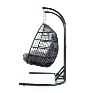English Elm FOLDING Double Swing Chair w/ Cushions - Handwoven Wicker, Iron Stand, UV & Rust Resistant, 485lb Capacity MMTF-9766DU-A