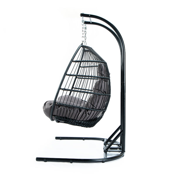 English Elm FOLDING Double Swing Chair w/ Cushions - Handwoven Wicker, Iron Stand, UV & Rust Resistant, 485lb Capacity MMTF-9766DU-A