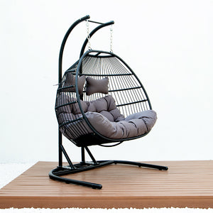 English Elm FOLDING Double Swing Chair w/ Cushions - Handwoven Wicker, Iron Stand, UV & Rust Resistant, 485lb Capacity MMTF-9766DU-A