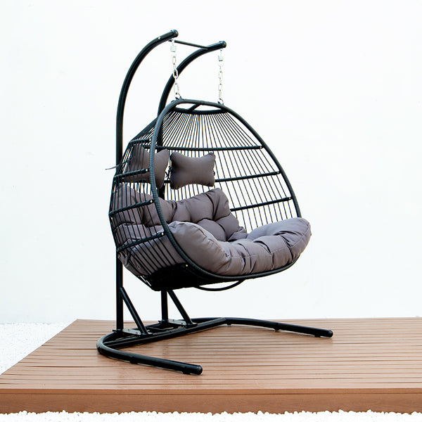 English Elm FOLDING Double Swing Chair w/ Cushions - Handwoven Wicker, Iron Stand, UV & Rust Resistant, 485lb Capacity MMTF-9766DU-A