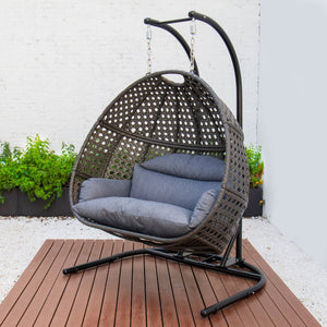 English Elm Charcoal Double-Seat Wicker Swing with Iron Stand, All-Weather PE Rattan, Dust Blue Cushions & Cover MWTF-9716KD3