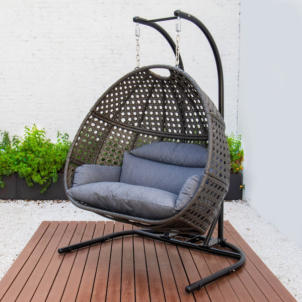 English Elm Charcoal Double-Seat Wicker Swing with Iron Stand, All-Weather PE Rattan, Dust Blue Cushions & Cover MWTF-9716KD3