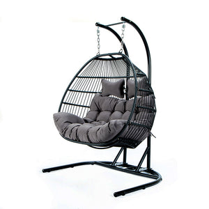 English Elm FOLDING Double Swing Chair w/ Cushions - Handwoven Wicker, Iron Stand, UV & Rust Resistant, 485lb Capacity MMTF-9766DU-A