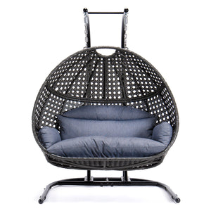 English Elm Charcoal Double-Seat Wicker Swing with Iron Stand, All-Weather PE Rattan, Dust Blue Cushions & Cover MWTF-9716KD3