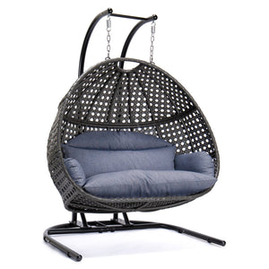 English Elm Charcoal Double-Seat Wicker Swing with Iron Stand, All-Weather PE Rattan, Dust Blue Cushions & Cover MWTF-9716KD3