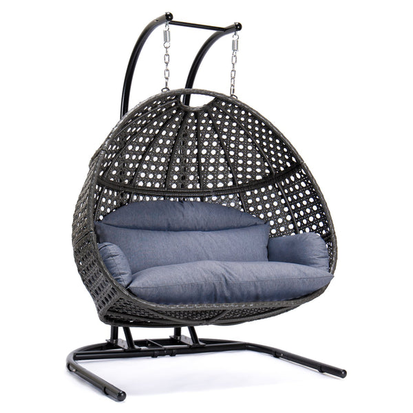 English Elm Charcoal Double-Seat Wicker Swing with Iron Stand, All-Weather PE Rattan, Dust Blue Cushions & Cover MWTF-9716KD3