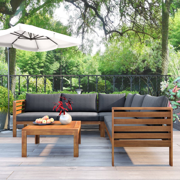 English Elm GO Japanese Outdoor Sofa Set with Acacia Texture, Gray Cushions, UV & Water-Resistant Finish, Elegant Garden Seating FV201207AAE