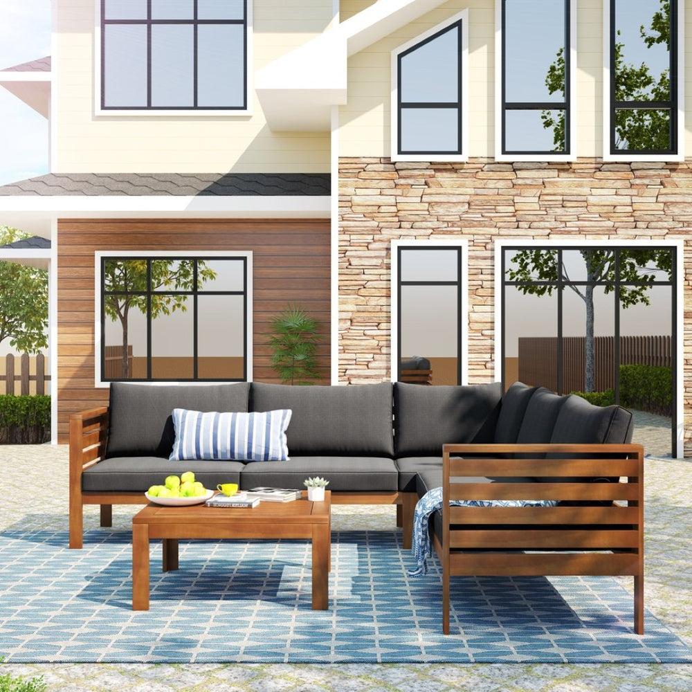 English Elm <old Acacia Wood Outdoor Sectional Sofa Set with Uv Resistant Cushions for Patio Deck N704G201207E