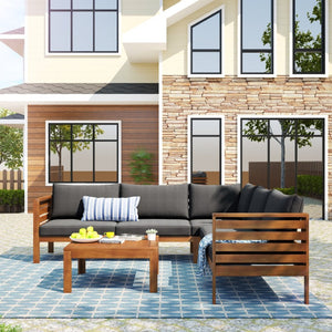 English Elm <old Acacia Wood Outdoor Sectional Sofa Set with Uv Resistant Cushions for Patio Deck N704G201207E