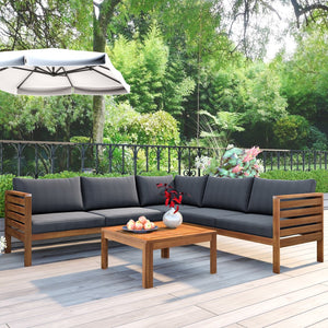 English Elm GO Japanese Outdoor Sofa Set with Acacia Texture, Gray Cushions, UV & Water-Resistant Finish, Elegant Garden Seating FV201207AAE