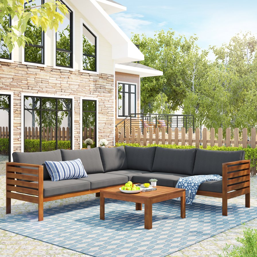 English Elm GO Japanese Outdoor Sofa Set with Acacia Texture, Gray Cushions, UV & Water-Resistant Finish, Elegant Garden Seating FV201207AAE
