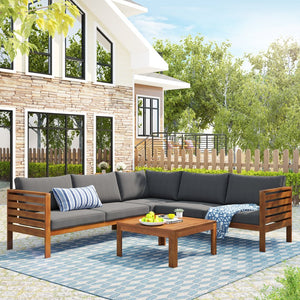 English Elm GO Japanese Outdoor Sofa Set with Acacia Texture, Gray Cushions, UV & Water-Resistant Finish, Elegant Garden Seating FV201207AAE