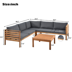 English Elm GO Japanese Outdoor Sofa Set with Acacia Texture, Gray Cushions, UV & Water-Resistant Finish, Elegant Garden Seating FV201207AAE