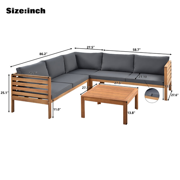 English Elm GO Japanese Outdoor Sofa Set with Acacia Texture, Gray Cushions, UV & Water-Resistant Finish, Elegant Garden Seating FV201207AAE