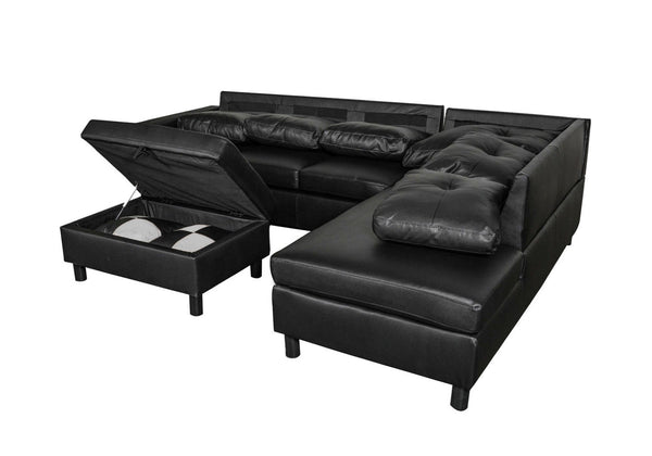English Elm 3 Piece Modern Sectional Set with Faux Leather Upholstery and Multifunctional Ottoman M091B
