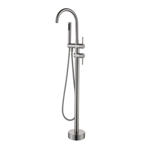 English Elm TrustMade Brushed Nickel Floor-Mount Tub Filler with 360° Swivel Spout & Handheld Shower, Brass TMFTFLYJ-R01BN
