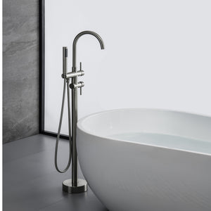 English Elm TrustMade Brushed Nickel Floor-Mount Tub Filler with 360° Swivel Spout & Handheld Shower, Brass TMFTFLYJ-R01BN
