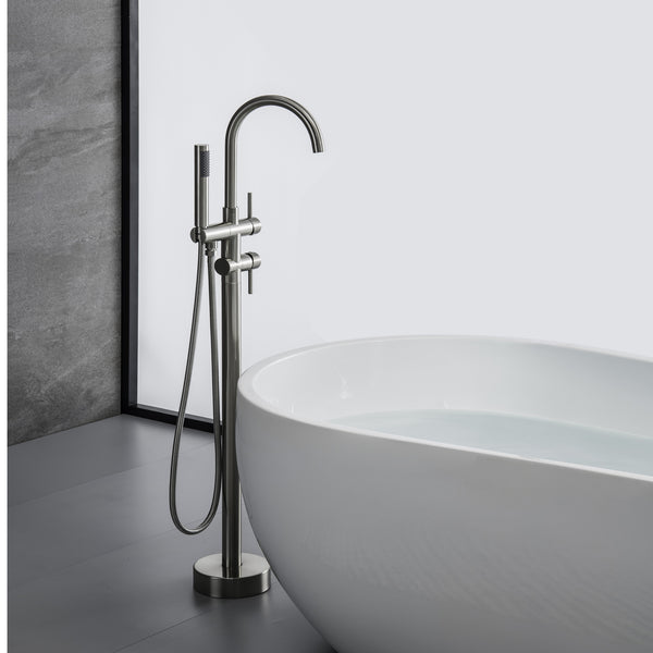 English Elm TrustMade Brushed Nickel Floor-Mount Tub Filler with 360° Swivel Spout & Handheld Shower, Brass TMFTFLYJ-R01BN